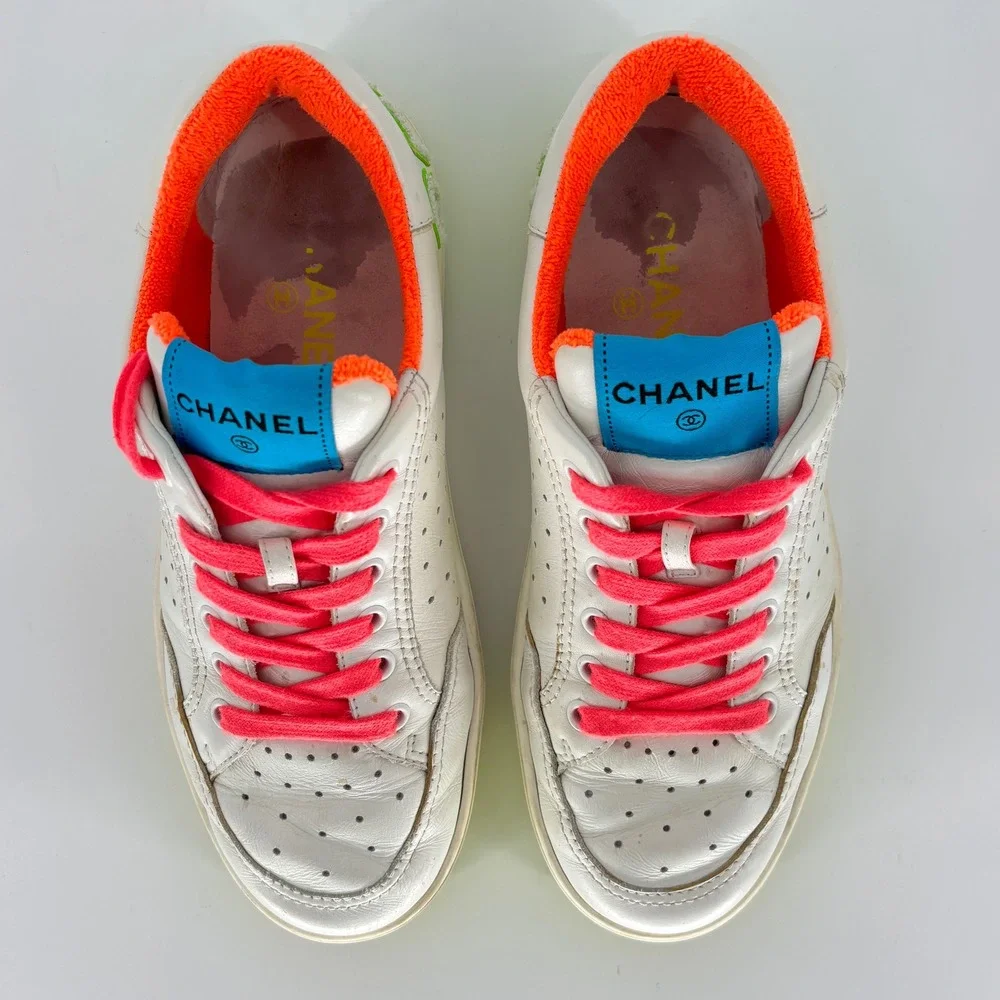 Chanel Calfskin Logo Low Top Sneakers White Neon Women Size 39 Leather Colorful